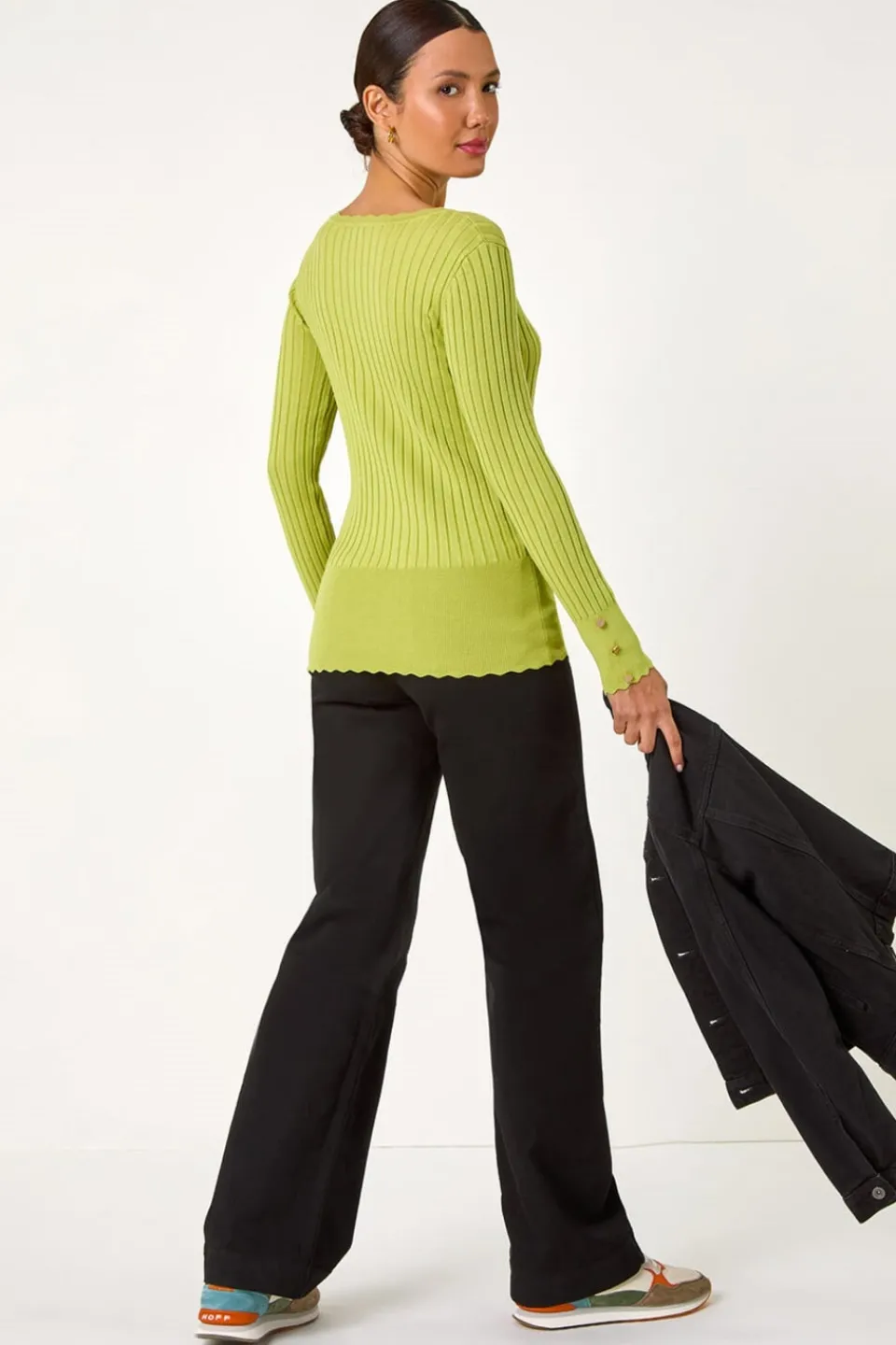 Tops>Roman Button Detail Ribbed Longline Jumper Green