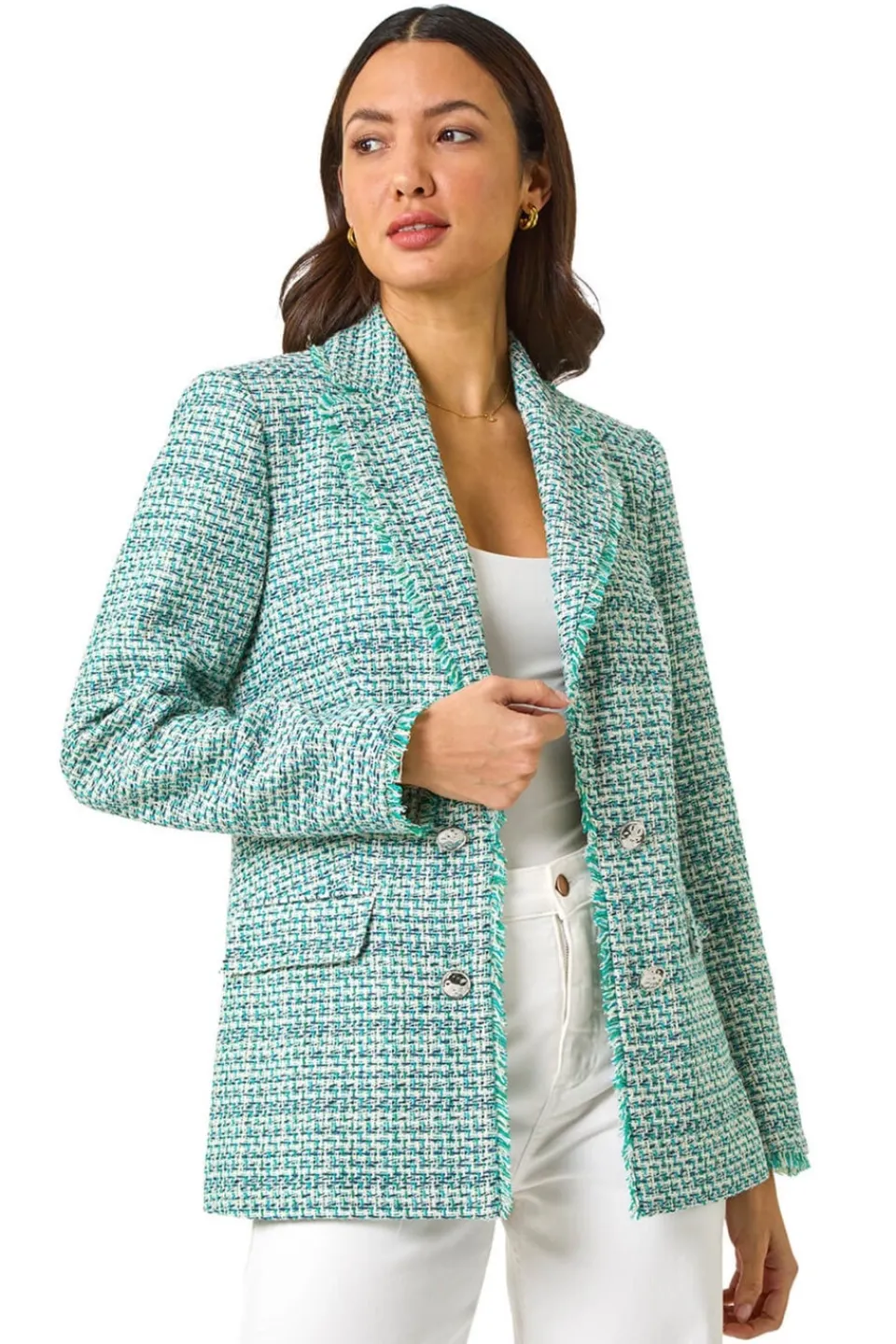 Coats & Jackets>Roman Green Check Frayed Edge Boucle Button Jacket