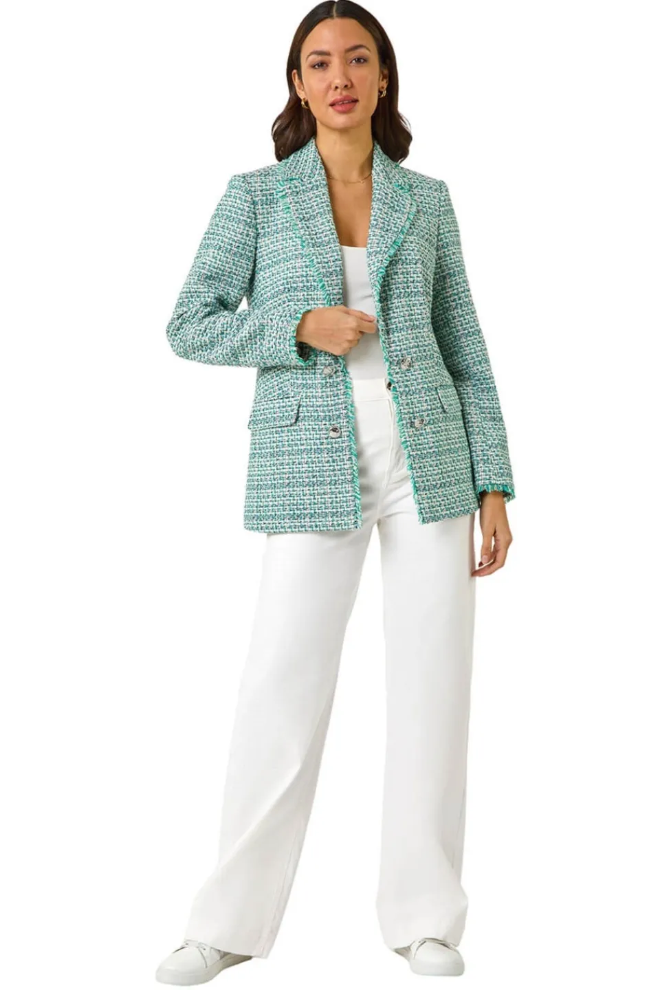 Coats & Jackets>Roman Green Check Frayed Edge Boucle Button Jacket