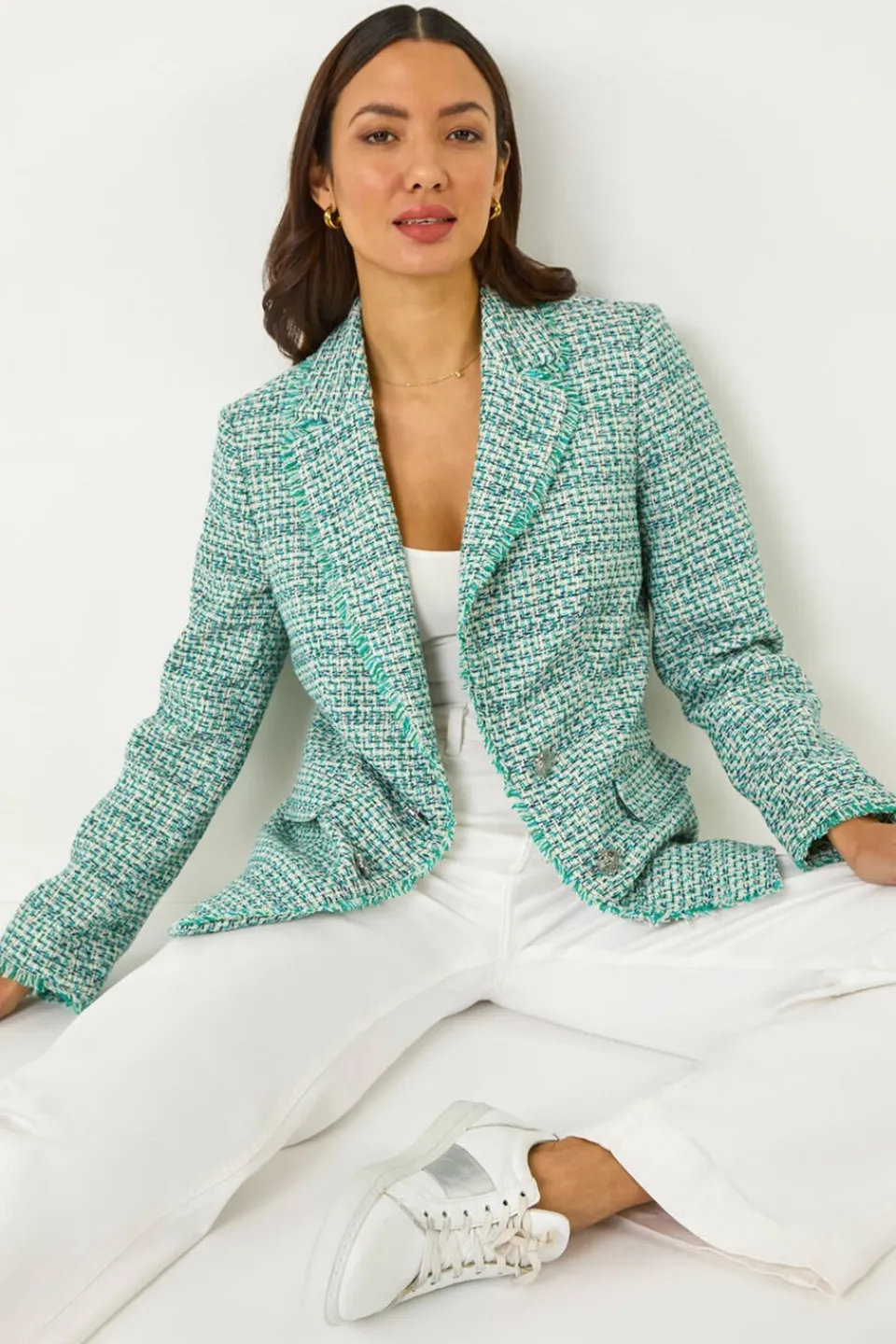Coats & Jackets>Roman Green Check Frayed Edge Boucle Button Jacket