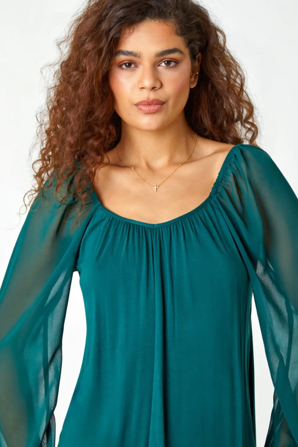 Tops>Roman Contrast Chiffon Sleeve Stretch Top Green