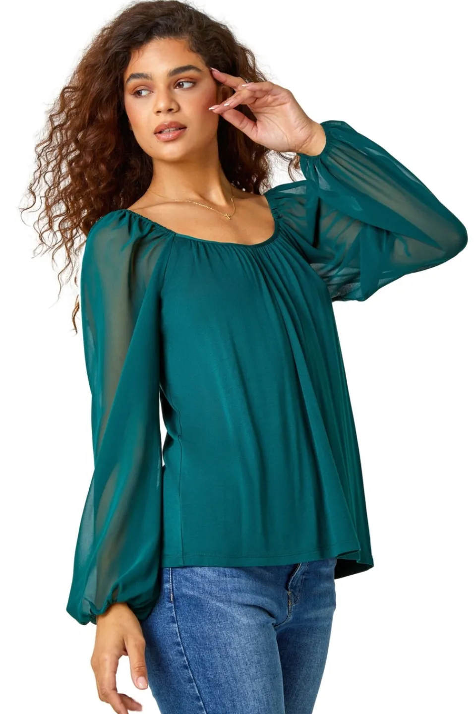 Tops>Roman Contrast Chiffon Sleeve Stretch Top Green