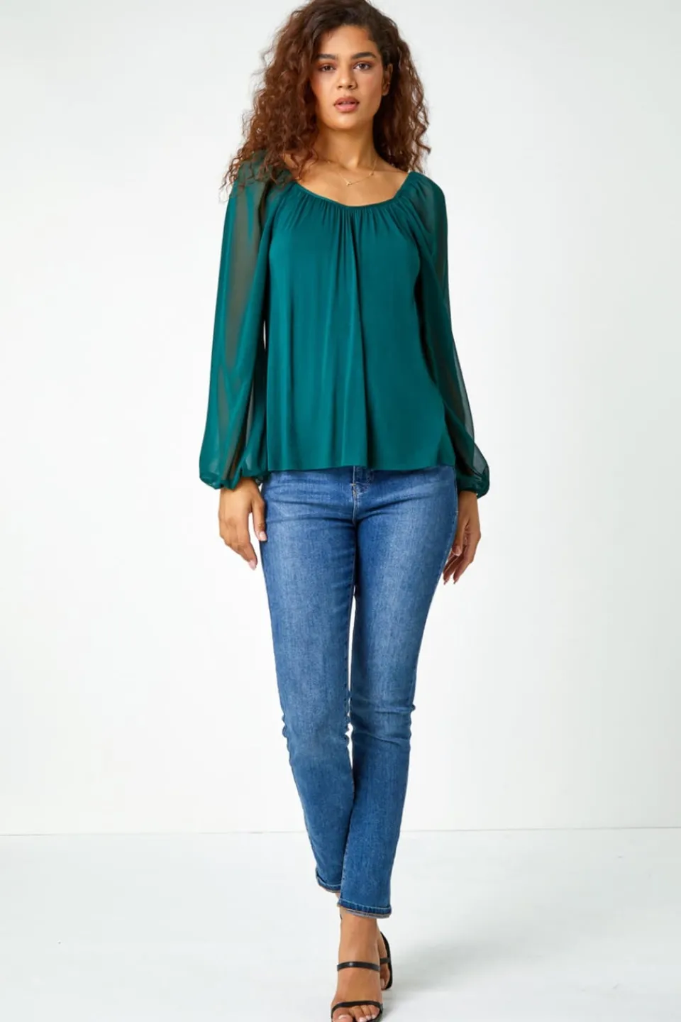 Tops>Roman Contrast Chiffon Sleeve Stretch Top Green