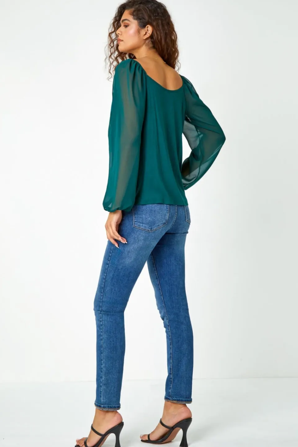 Tops>Roman Contrast Chiffon Sleeve Stretch Top Green