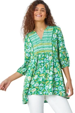 Tops>Roman Green Cotton Abstract Floral V-Neck Ladder Trim Top