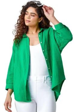 Tops>Roman Green Cotton Textured Button Shirt