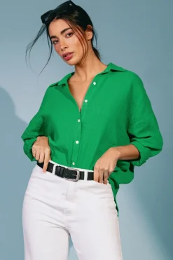 Tops>Roman Green Cotton Textured Button Shirt
