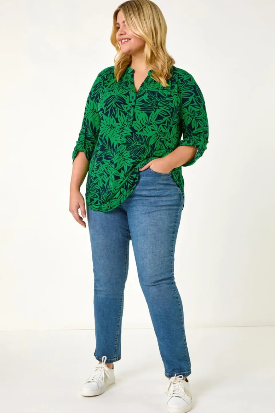 Tops>Roman Green Curve Leaf Print Button Stretch Shirt