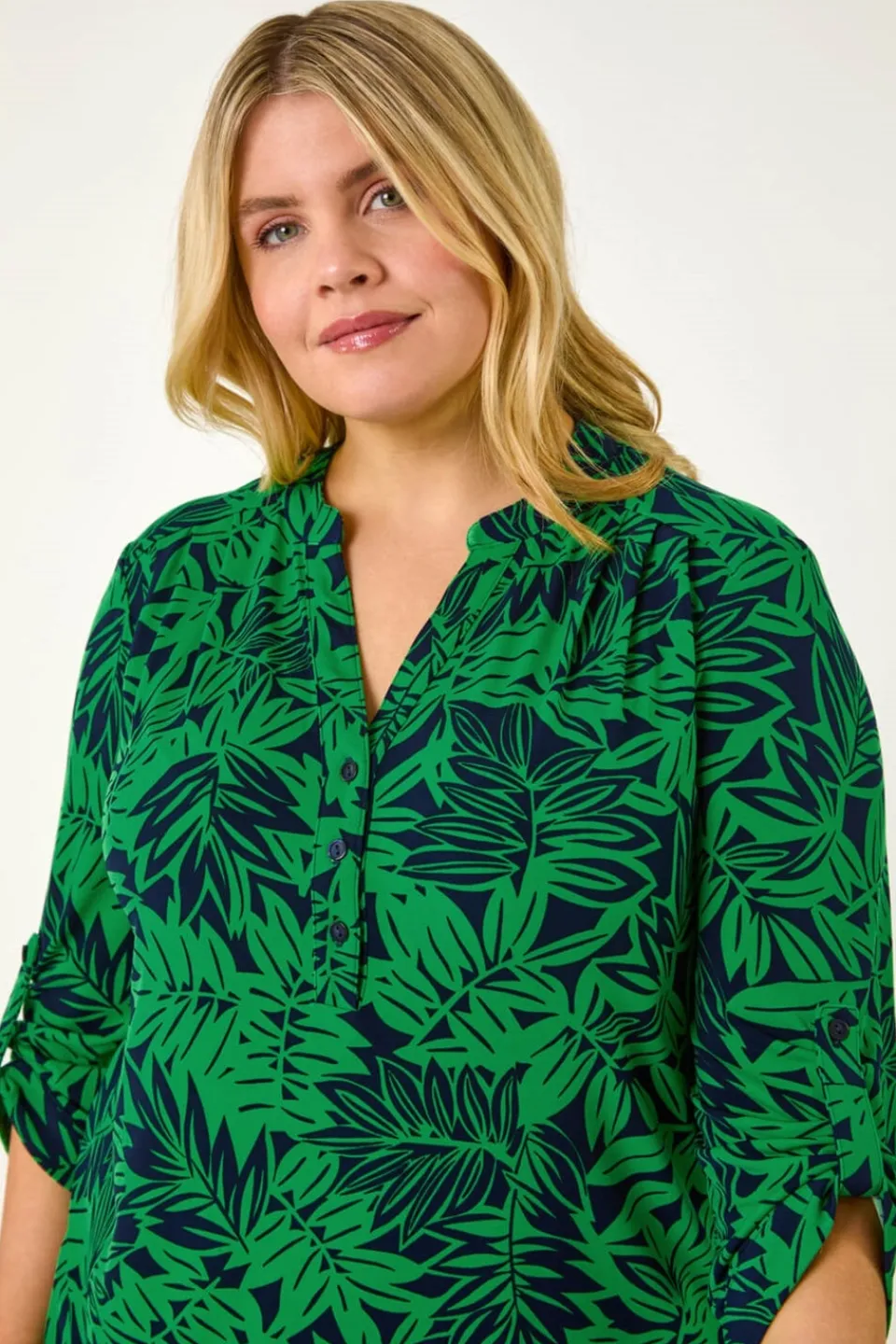 Tops>Roman Green Curve Leaf Print Button Stretch Shirt