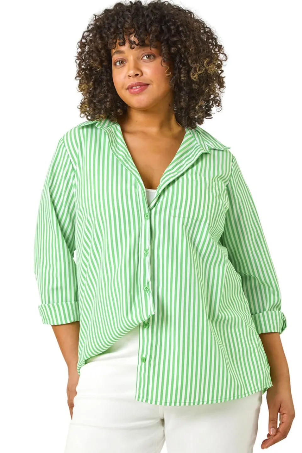 Tops>Roman Green Curve Stripe Buttoned Shirt
