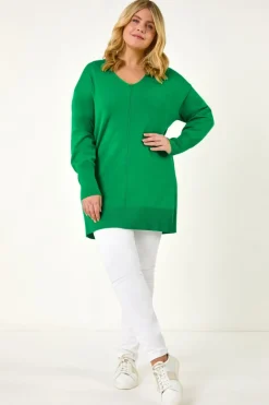 Tops>Roman Green Curve V-Neck Relaxed Jumper