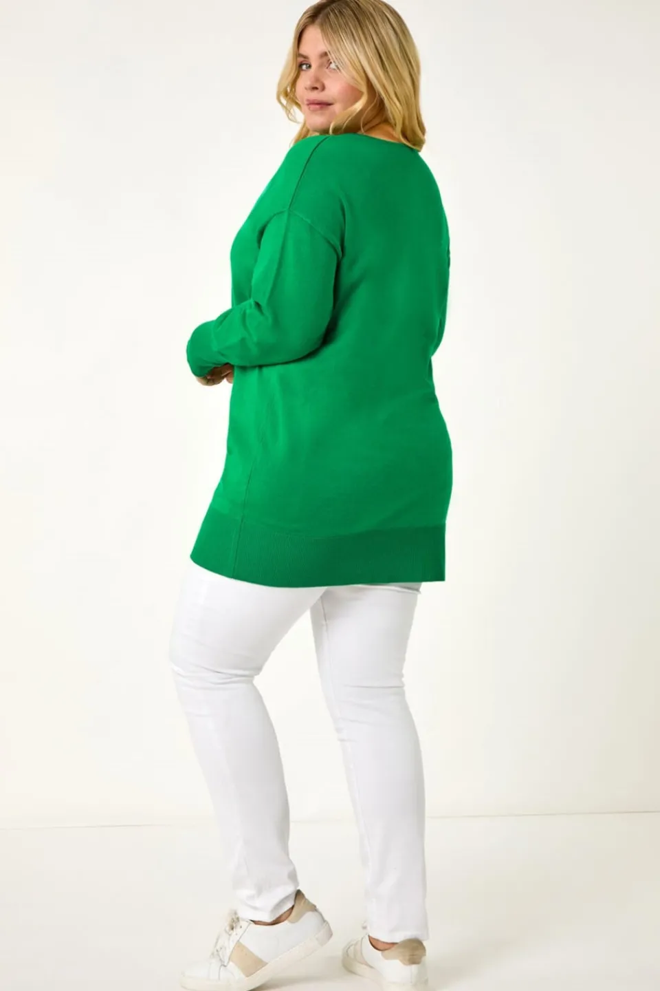 Tops>Roman Green Curve V-Neck Relaxed Jumper