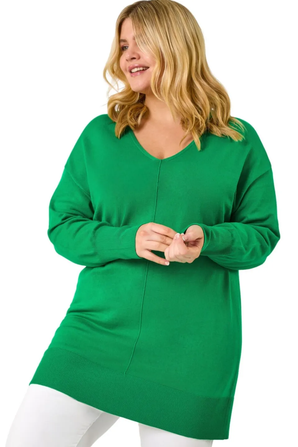 Tops>Roman Green Curve V-Neck Relaxed Jumper