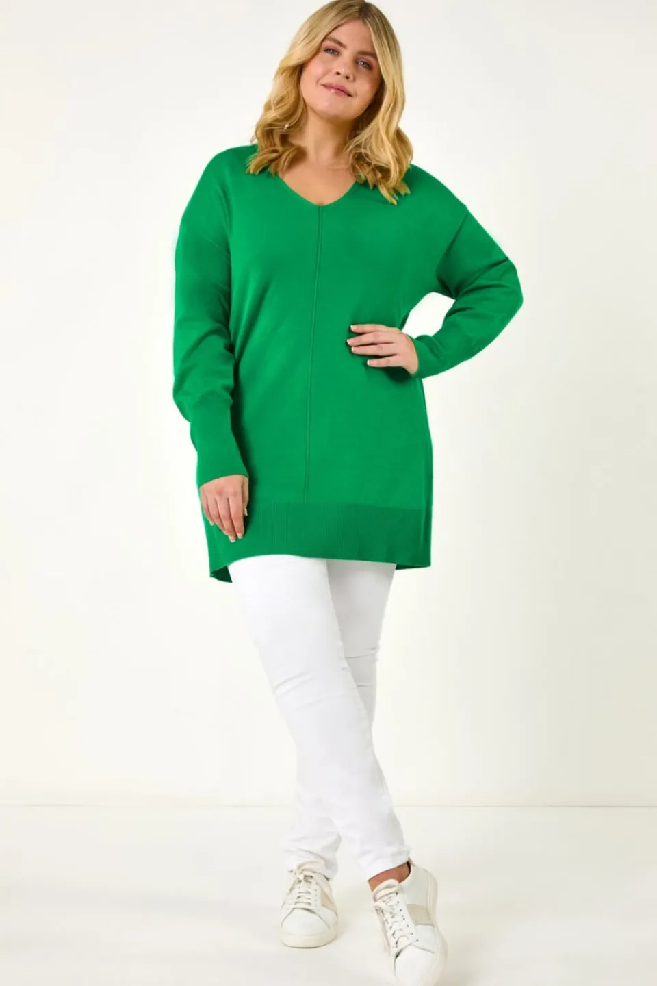 Tops>Roman Green Curve V-Neck Relaxed Jumper