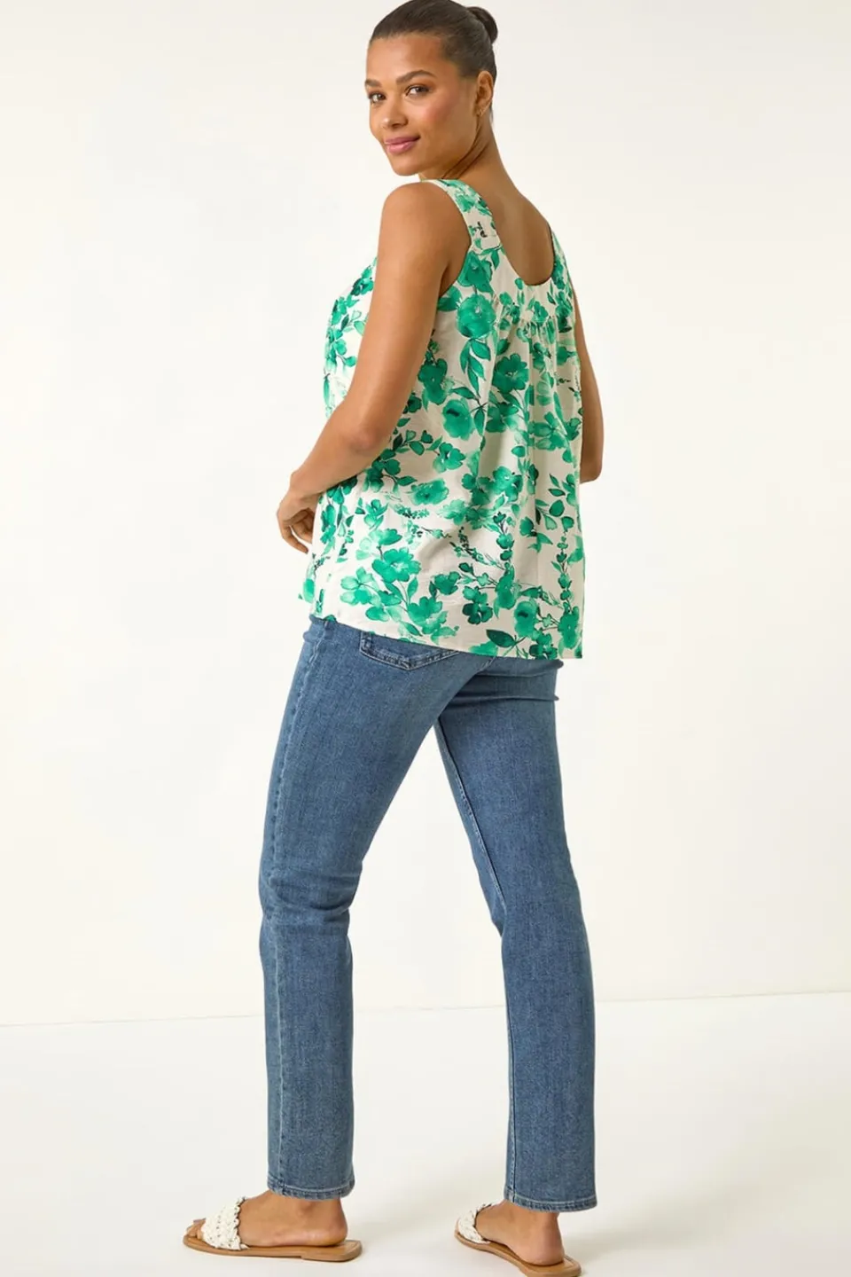 Tops>Roman Green Floral Pleated Vest Top