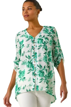 Tops>Roman Green Floral Print V Neck Button Front Top