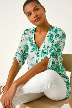 Tops>Roman Green Floral Print V Neck Button Front Top