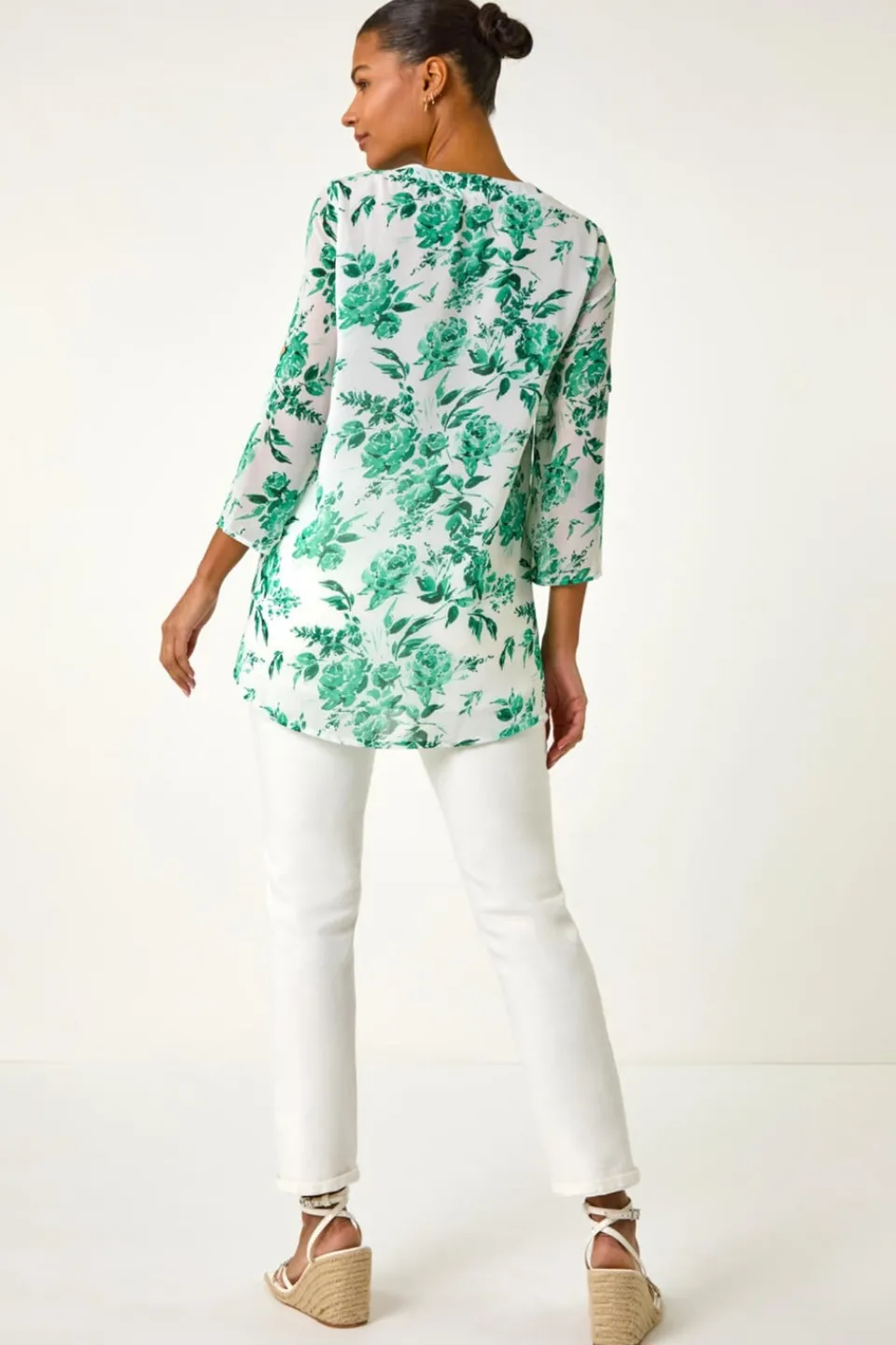 Tops>Roman Green Floral Print V Neck Button Front Top