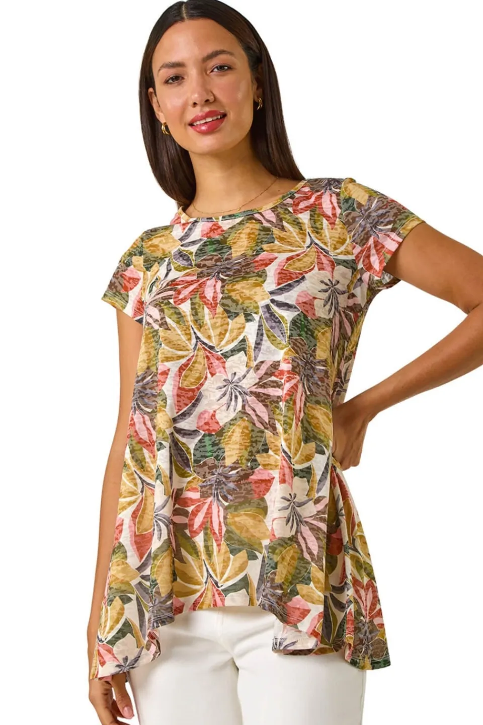 Tops>Roman Floral Print Hanky Hem Tunic Top Green