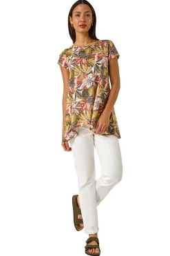 Tops>Roman Floral Print Hanky Hem Tunic Top Green