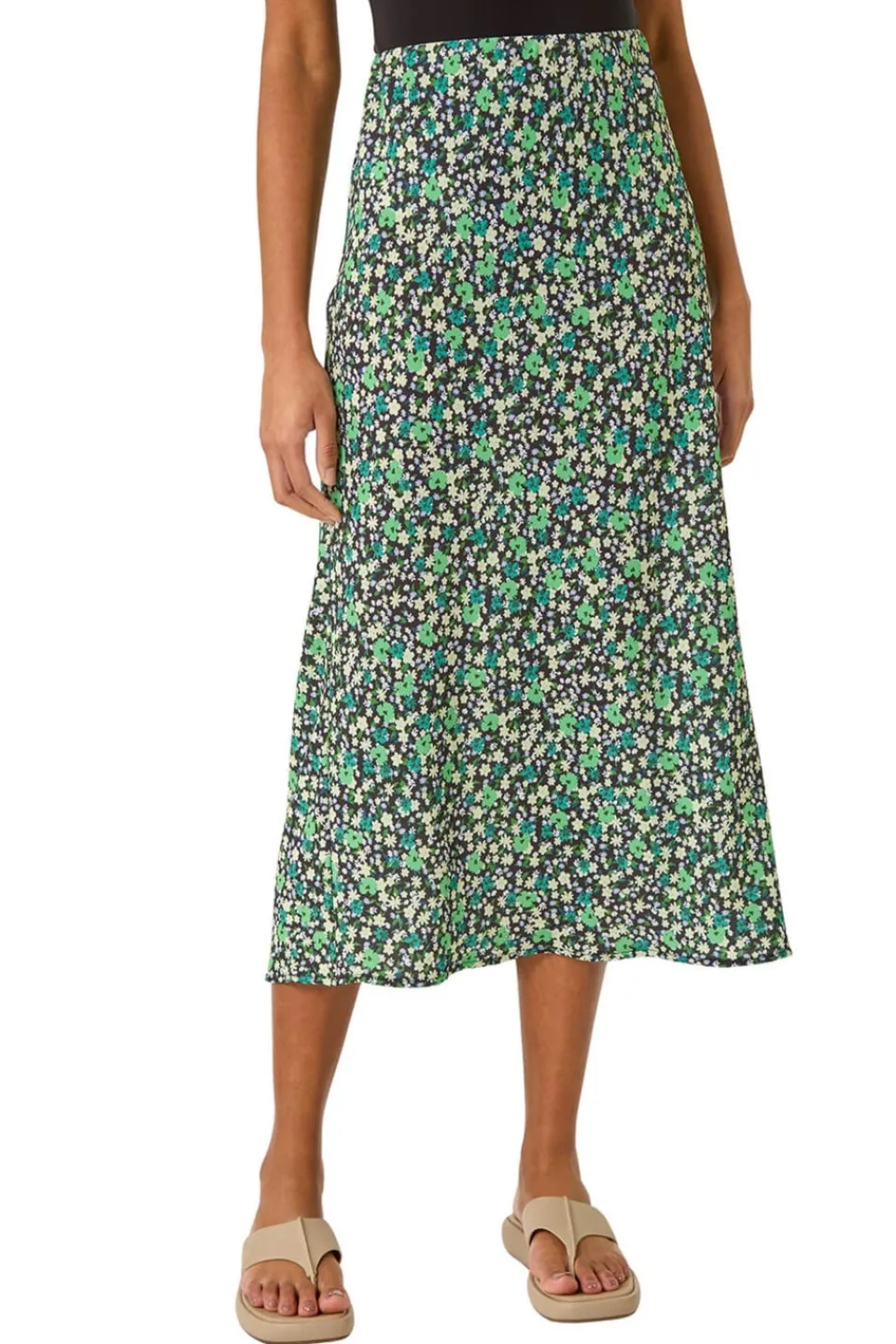 Skirts>Roman Green Floral Print Elastic Waist Midi Skirt