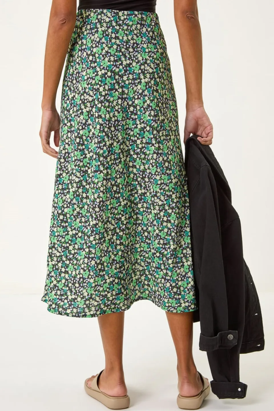 Skirts>Roman Green Floral Print Elastic Waist Midi Skirt
