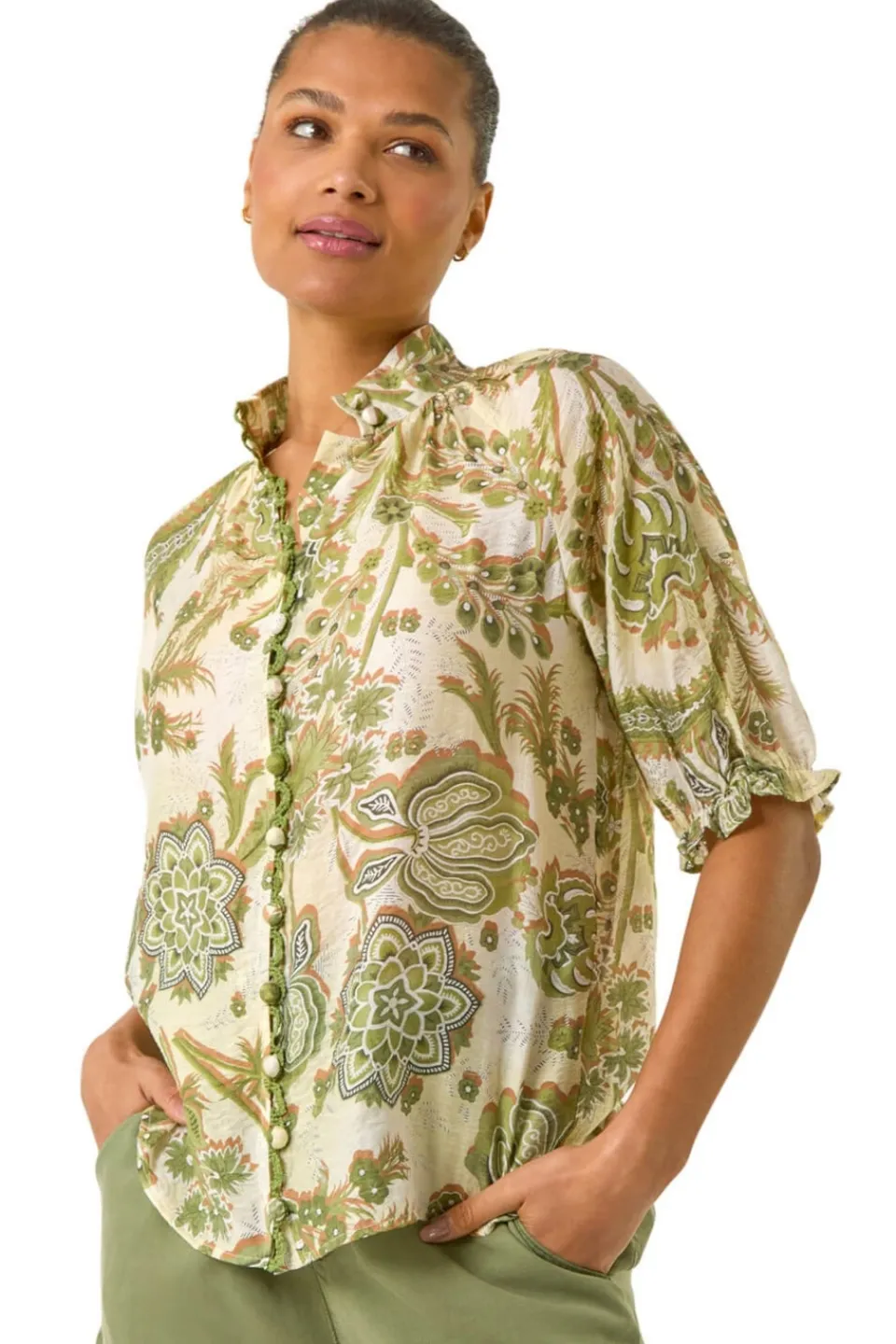Tops>Roman Green Floral Print Trim Detail Blouse