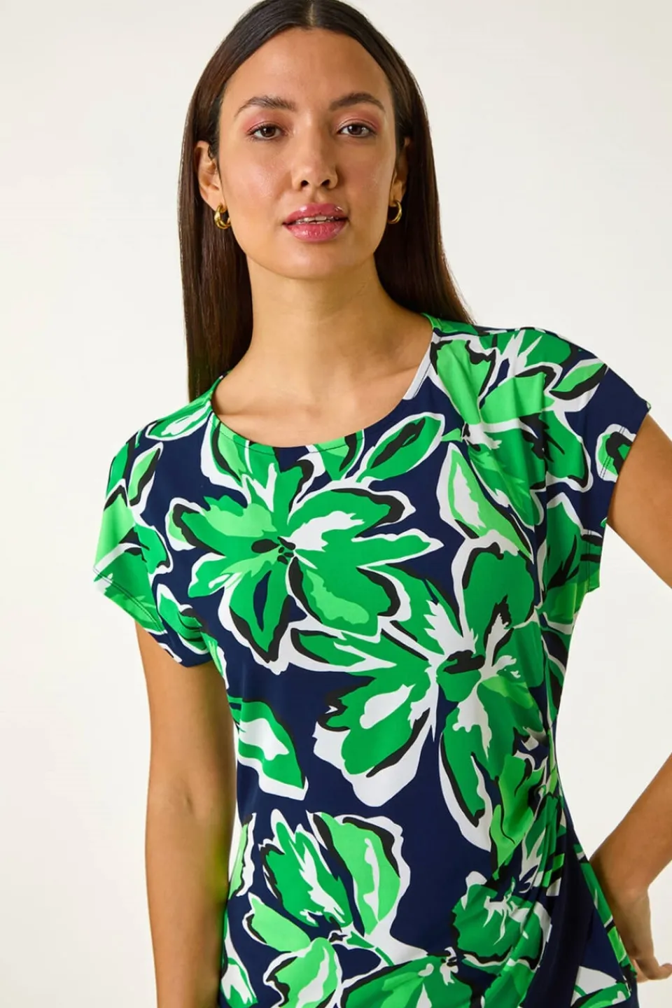 Tops>Roman Green Floral Print Asymmetric Hem Top