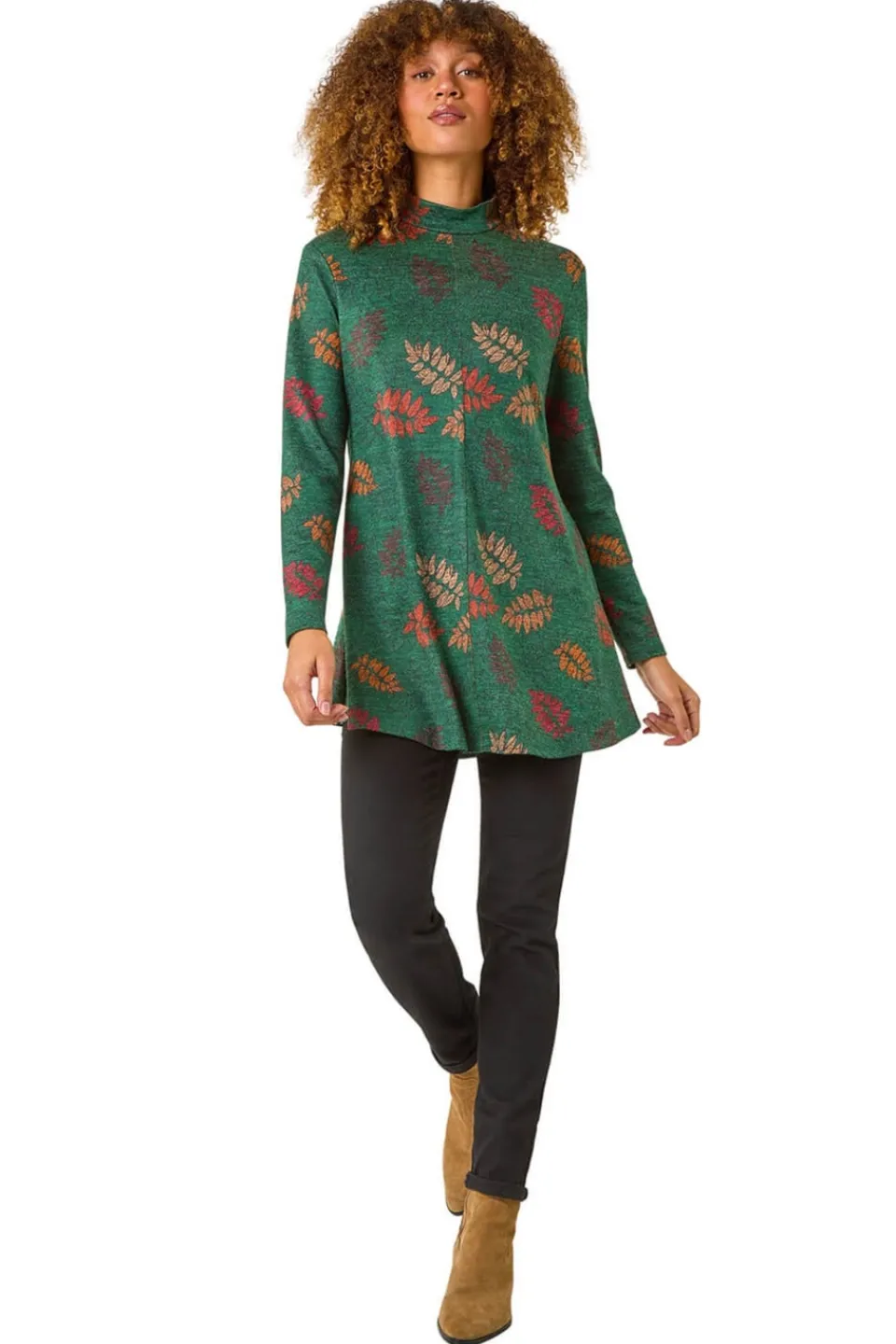 Tops>Roman Green Floral Print High Neck Stretch Tunic Top