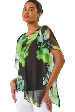 Tops>Roman Green Floral Print Asymmetric Overlay Top
