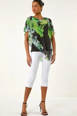 Tops>Roman Green Floral Print Asymmetric Overlay Top