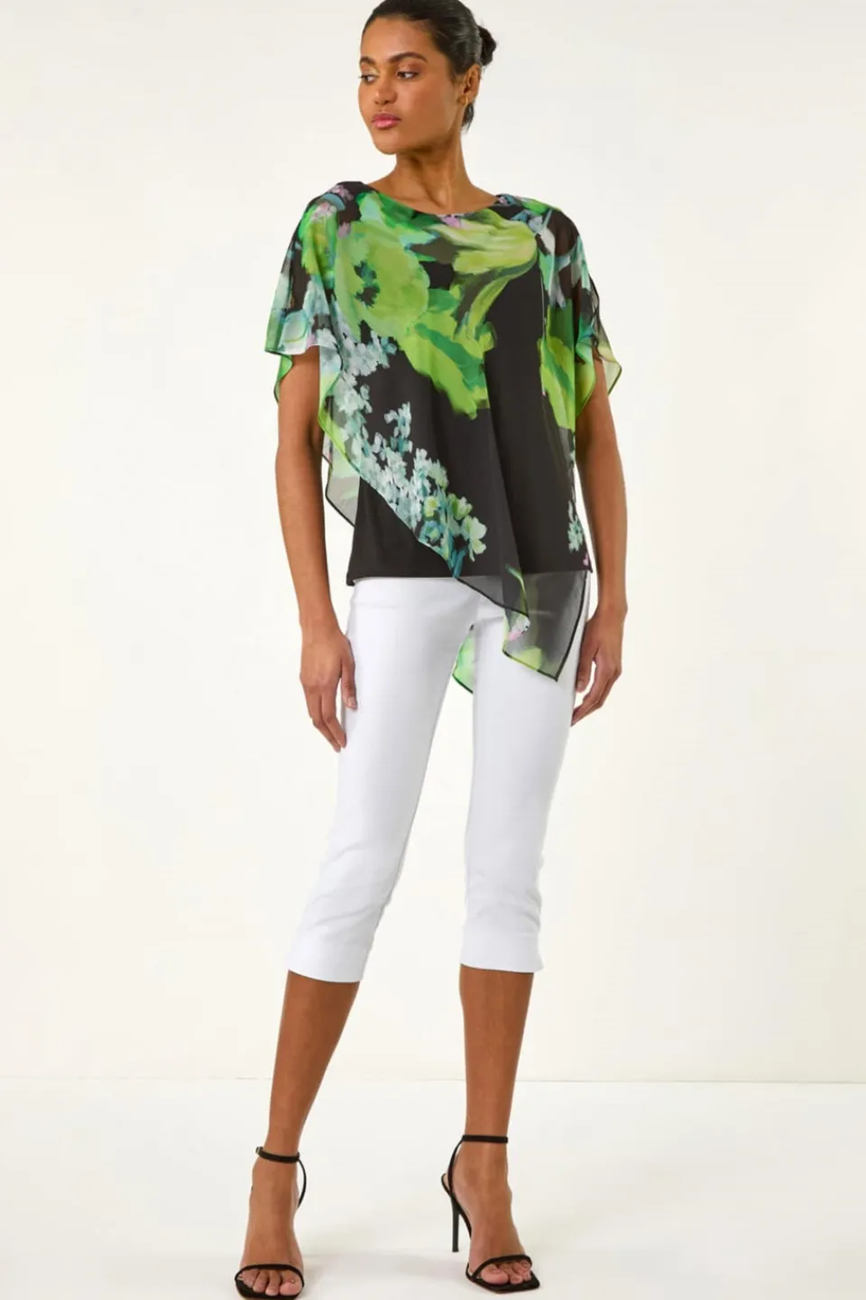 Tops>Roman Green Floral Print Asymmetric Overlay Top