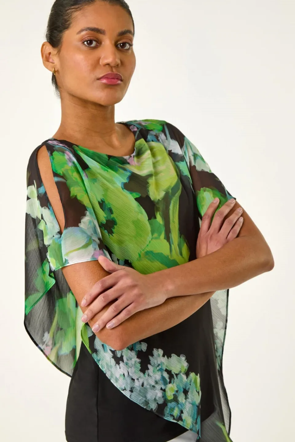 Tops>Roman Green Floral Print Asymmetric Overlay Top