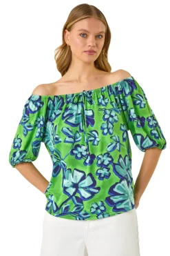 Tops>Roman Green Floral Print Bardot Stretch Top