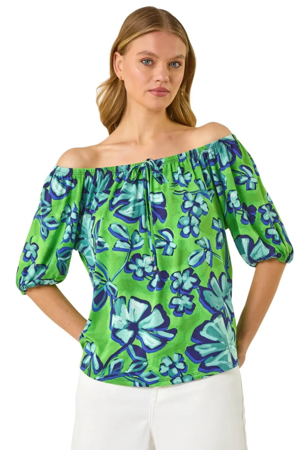 Tops>Roman Green Floral Print Bardot Stretch Top