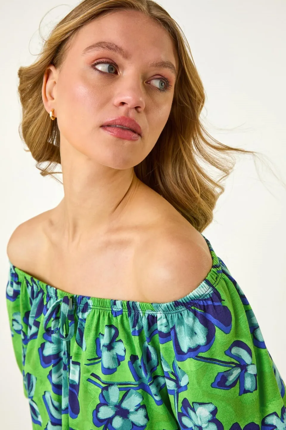 Tops>Roman Green Floral Print Bardot Stretch Top