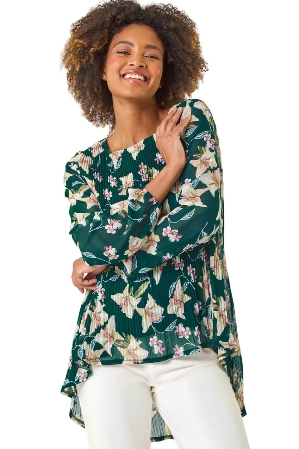 Tops>Roman Green Floral Print Pleated Tunic Top