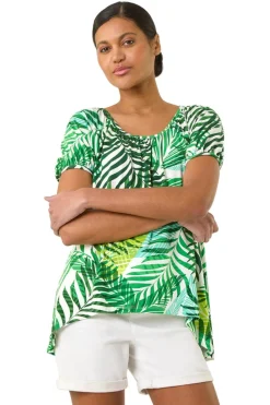 Tops>Roman Green Leaf Asymmetric Stretch Tunic Top