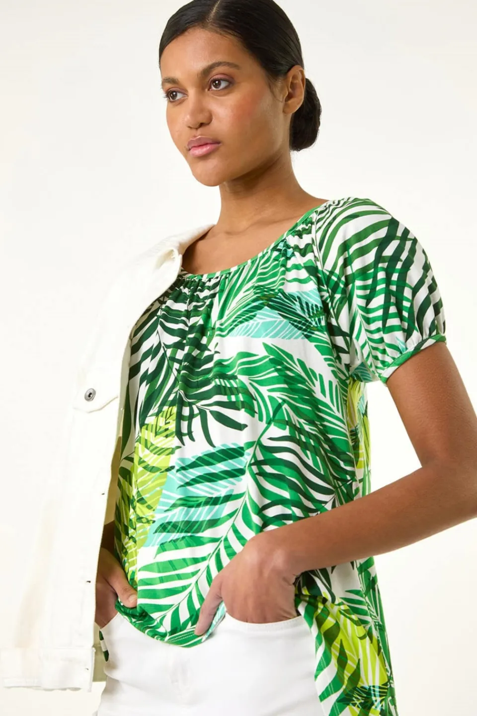 Tops>Roman Green Leaf Asymmetric Stretch Tunic Top