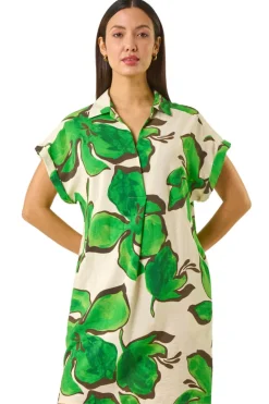 Dresses>Roman Green Leaf Print Cocoon Shift Dress