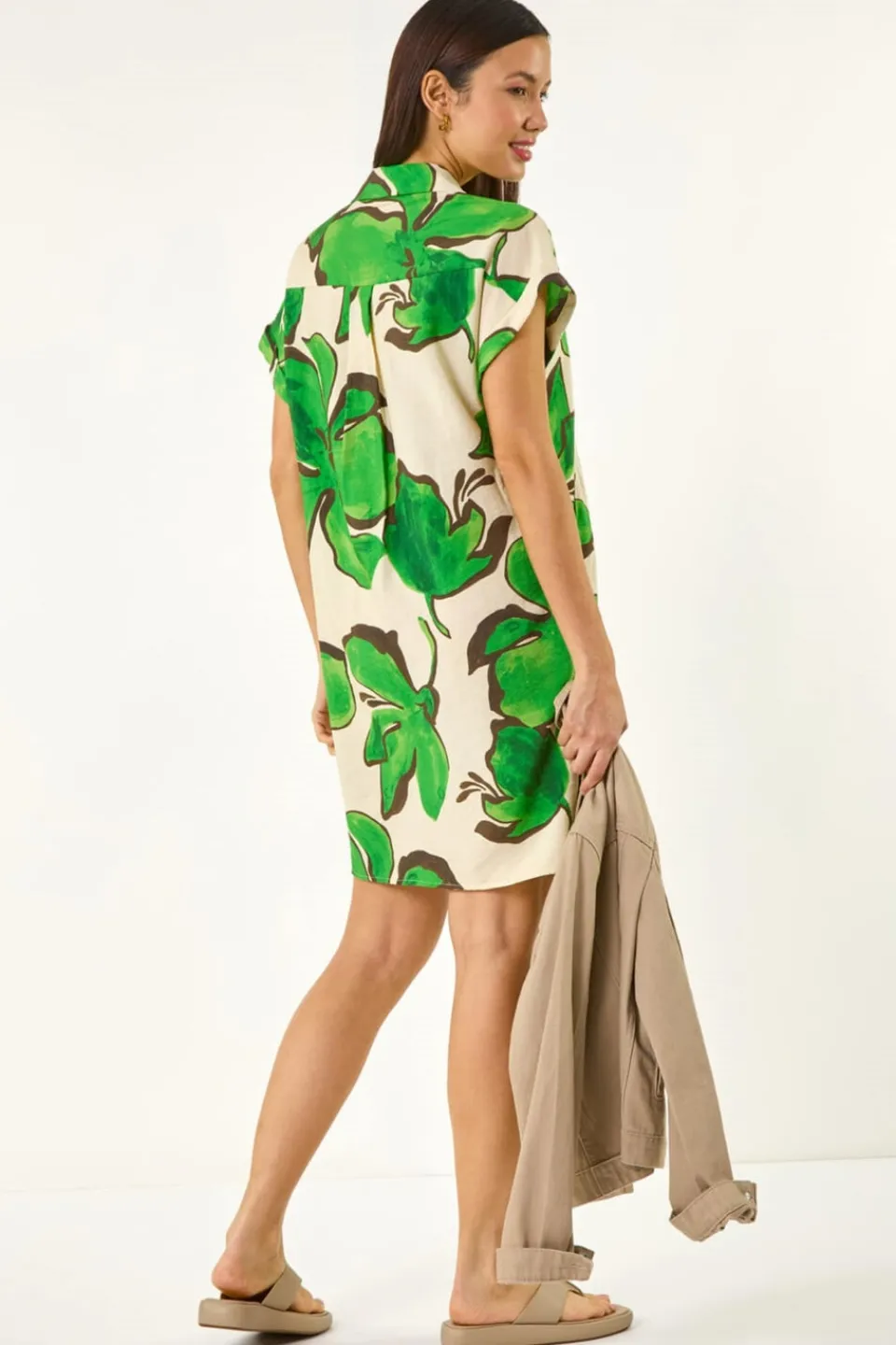 Dresses>Roman Green Leaf Print Cocoon Shift Dress