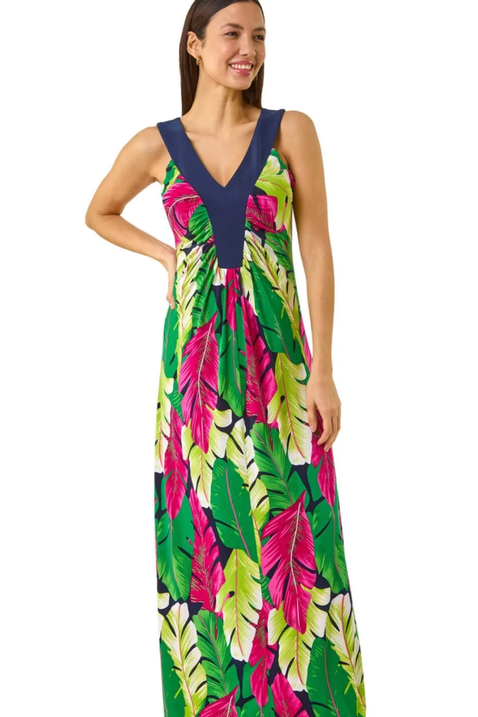 Dresses>Roman Green Leaf Print Contrast Band Maxi Dress