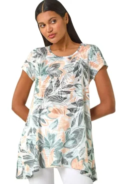 Tops>Roman Green Leaf Print Hanky Hem Tunic Top