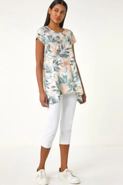 Tops>Roman Green Leaf Print Hanky Hem Tunic Top