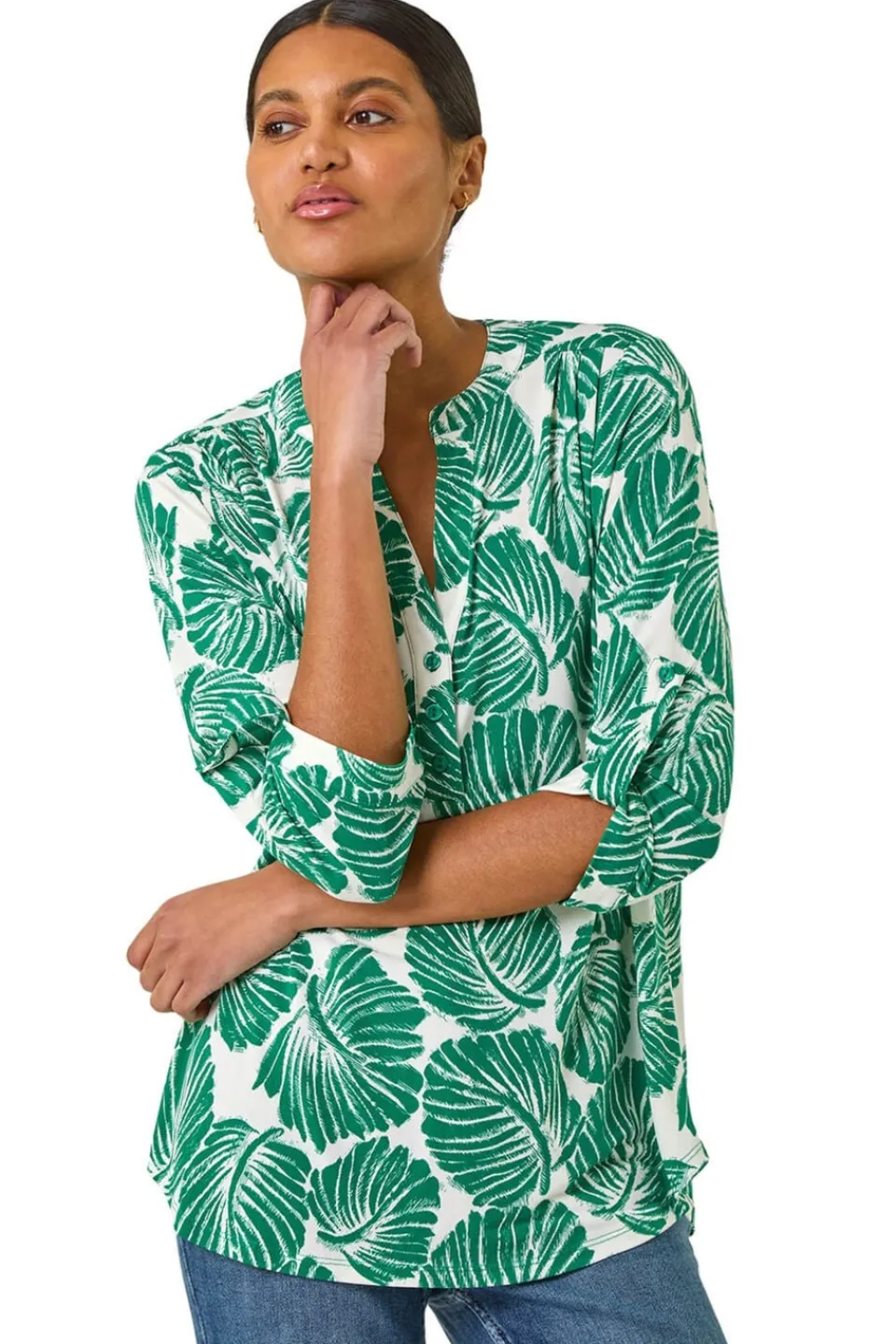Tops>Roman Green Leaf Print Shoulder Pleat Shirt
