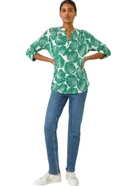 Tops>Roman Green Leaf Print Shoulder Pleat Shirt