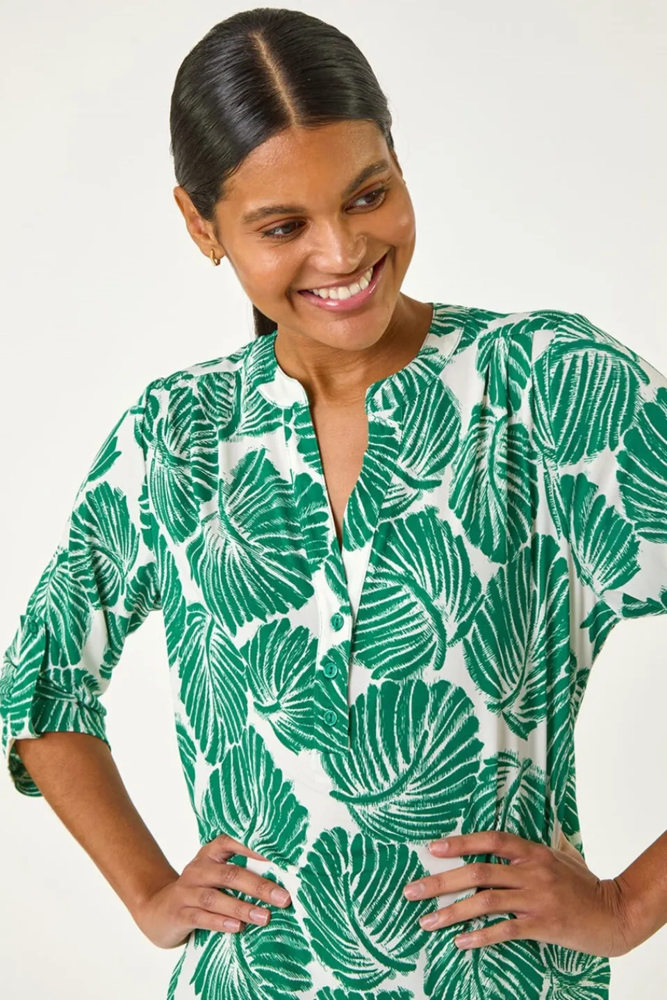 Tops>Roman Green Leaf Print Shoulder Pleat Shirt