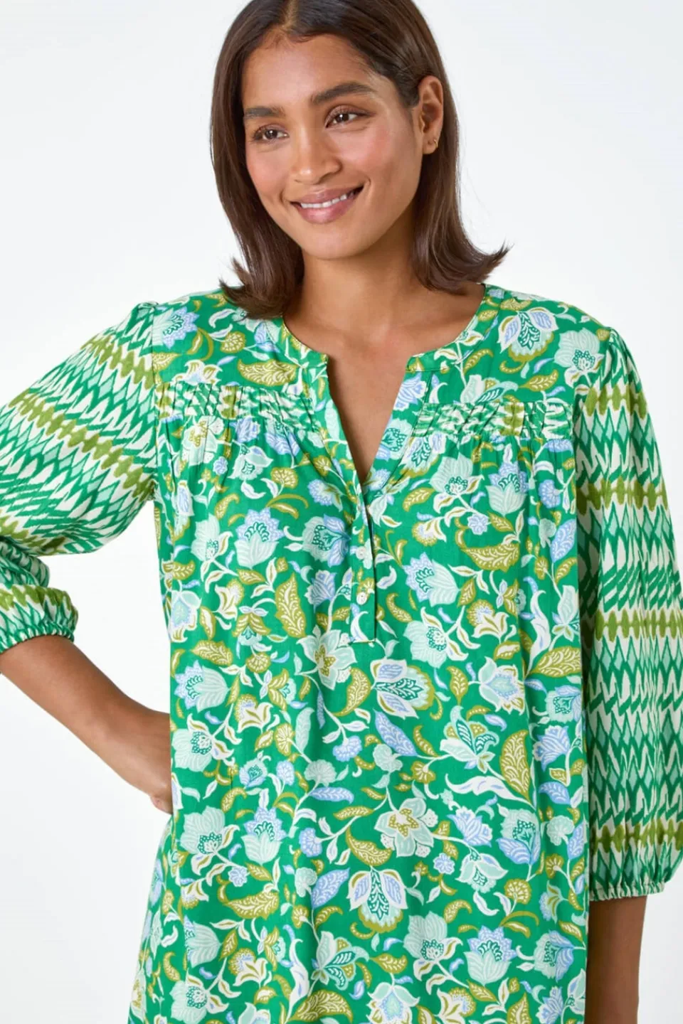 Dresses>Roman Green Paisley Border Print Smock Dress