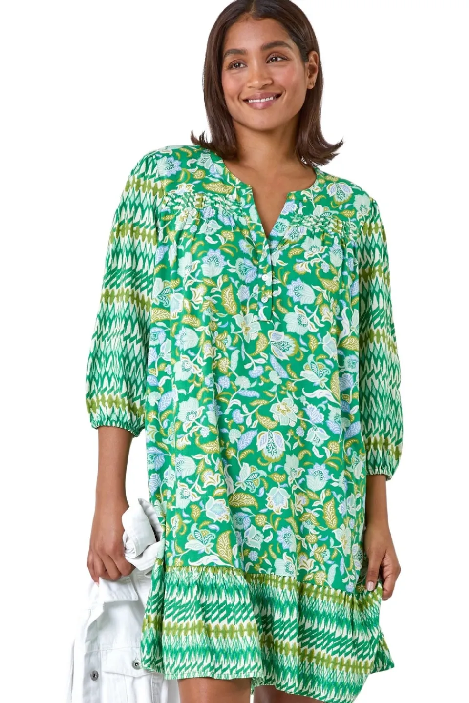 Dresses>Roman Green Paisley Border Print Smock Dress