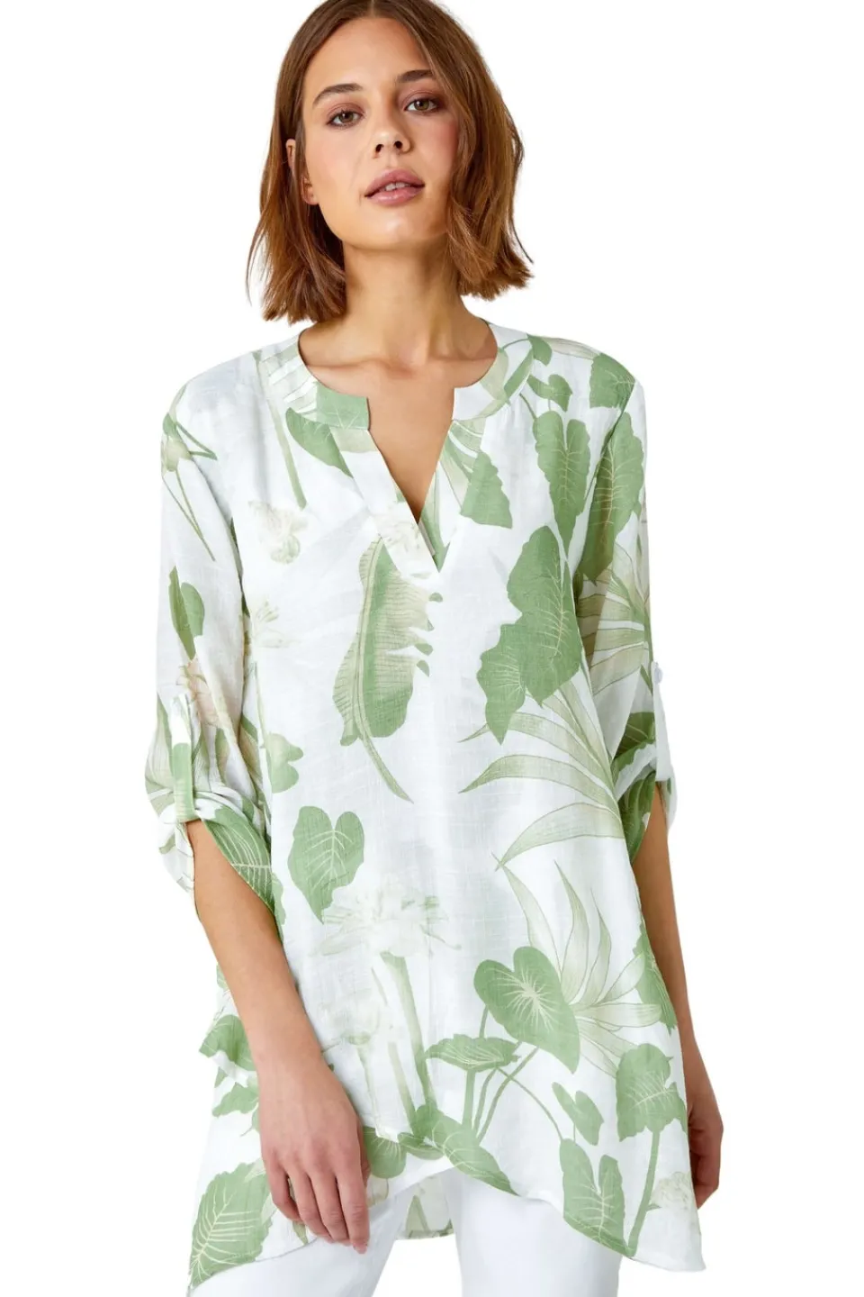 T-Shirts>Roman Palm Print V-Neck Wrap Hem Tunic Top Green